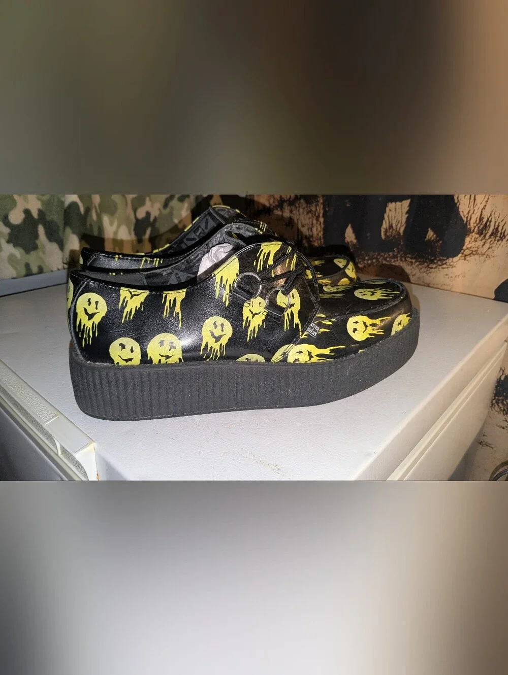 tuk Black Platform Creeper Shoes with Yellow Dripping Smiley Print